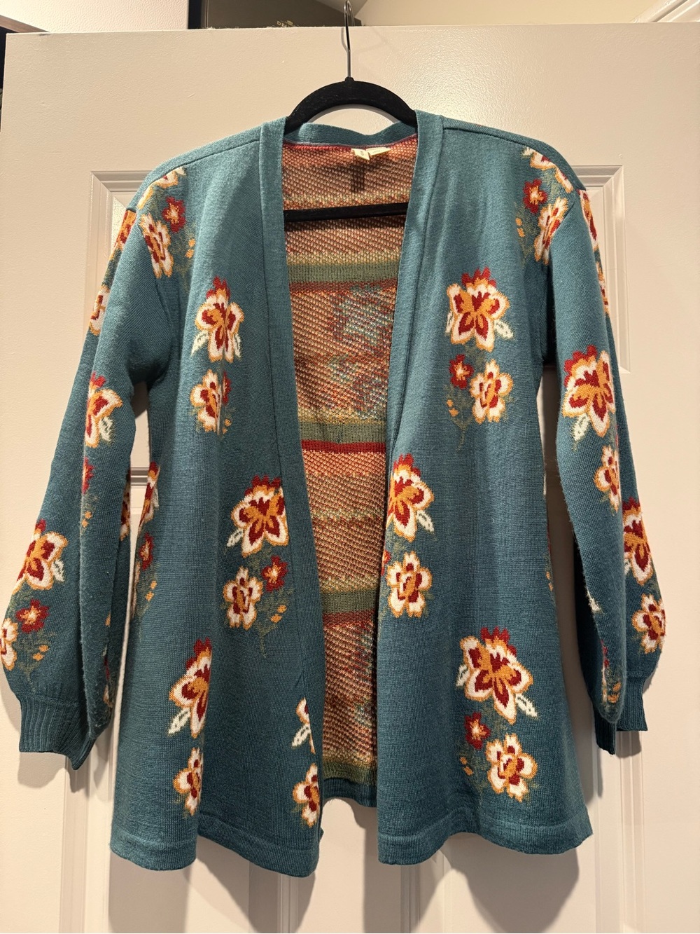 Moth Teal Open-Front Floral Sweater Cardigan